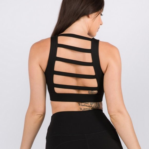 Yelete Other - Lattice Open Back Activewear Sports Bra Strappy Back Plain Black Athletic